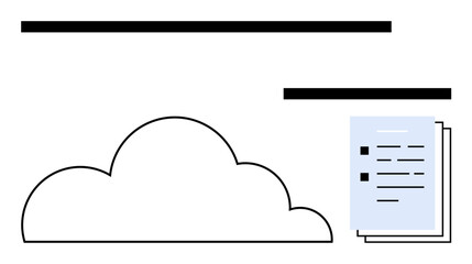 Cloud outline paired with documents signifies digital storage, data sharing, or backup. Ideal for cloud technology, file management, IT solutions, workflow, collaboration, organization flat simple