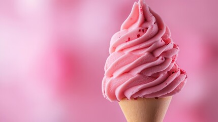delicious swirl of strawberry soft serve in a crispy cone against a dreamy pink backdrop with delicate sprinkles creating an inviting sweet treat