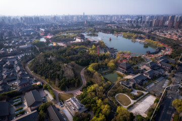 Aerial View of Urban Landscape with Park and Water Features
