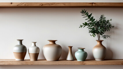 Elegant minimalist display of vases and plant