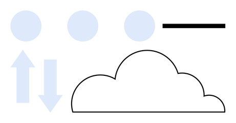 Cloud with arrows showing data movement, blue circles, and a black line for digital processes. Ideal for cloud computing, data transfer, storage, technology, networking, digital flow flat simple