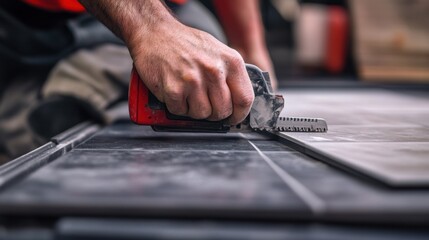 Tiler using a tile cutter for precise cuts on a floor design. Featuring accuracy and craftsmanship