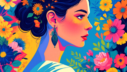 Naklejka premium Elegant profile portrait of a vibrantly colored woman