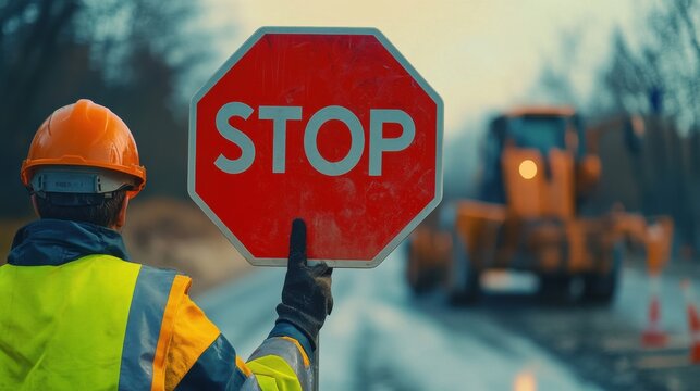 Traffic controller holding a stop sign at a road construction zone. Featuring safety and coordination