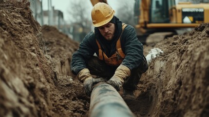 Trench worker installing underground utility pipes at a construction site. Featuring safety and accuracy