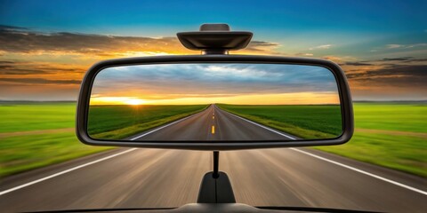 Rearview mirror reflecting a scenic road and sunset, symbolizing journey and perspective.