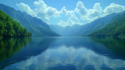 Serene Mountain Lake Landscape with Blue Water Reflection