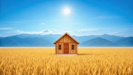 A solitary wooden house stands in a vast golden field under a bright blue sky.