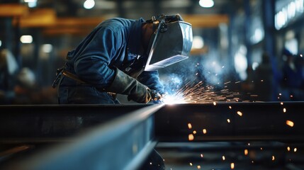 Welder fixing a metal structure in a workshop. Featuring focus and technical skill