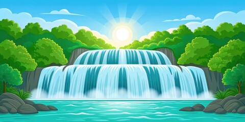 Vibrant waterfall cascading under a bright sun, surrounded by lush greenery and a serene blue river.
