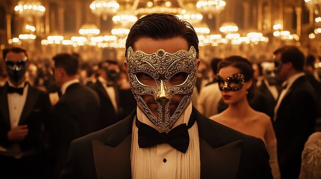 New Years Eve masquerade ball guests extravagant Venetian masks and elegant suits grand chandelier lit ballroom luxury and mystery - Powered by Adobe