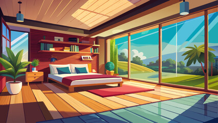 Modern bedroom with large windows, wooden floor, and a view of a patio.