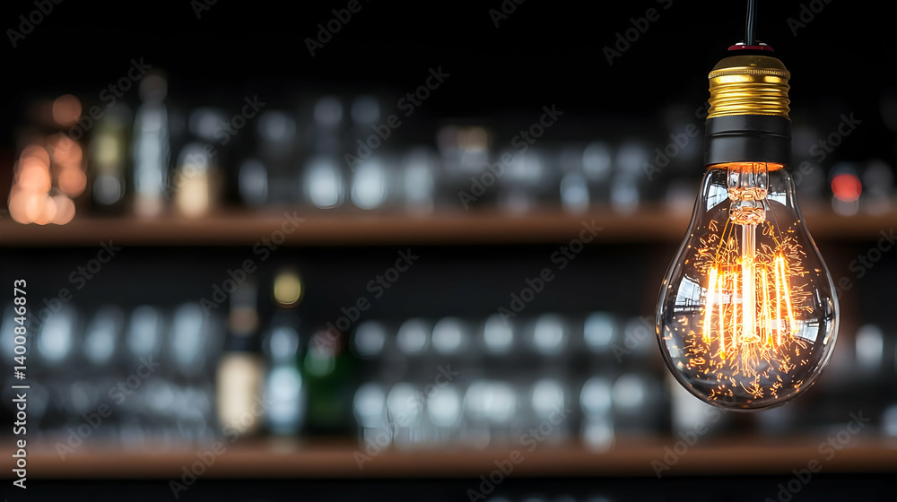 Poster glowing filament lightbulb in dark bar setting