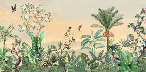 Chinoiseries Wall Mural, Watercolor Background, Birds, Tropical Tree. © Sharif