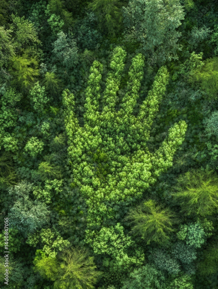 Poster creative handprint made from forest trails and tree lines demonstrates human connection to nature in