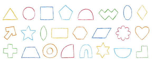Set of color pencil kids geometric shapes with charcoal texture. Crayon hand drawn figures. Circle, triangle, square, trapezoid, rhombus, star, heart and other. Outline vector illustration