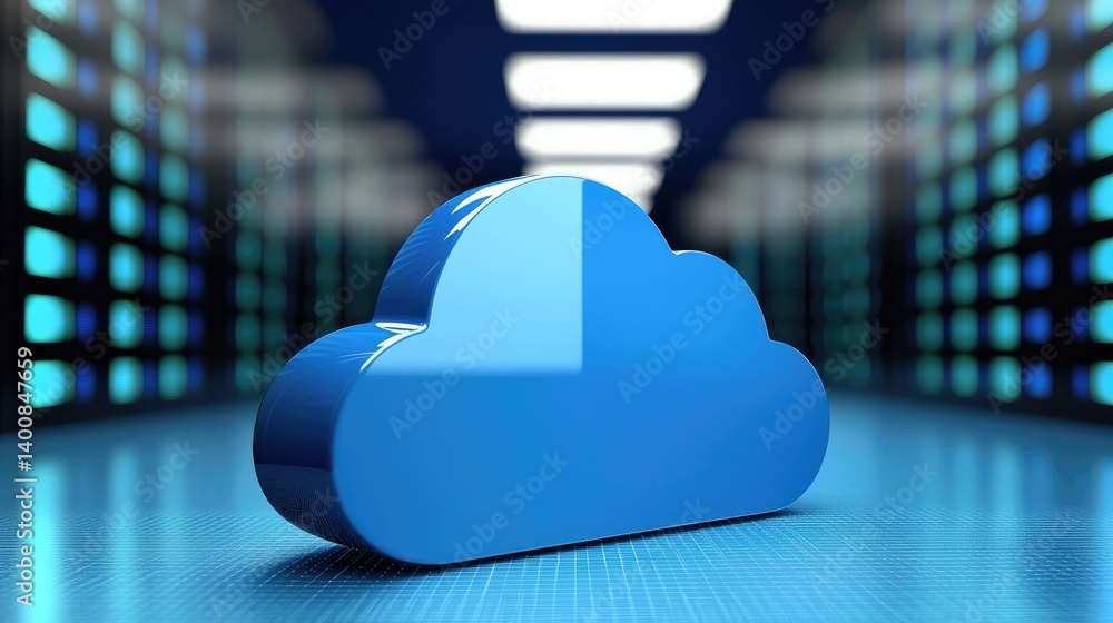 Poster glossy blue 3d cloud icon on a digital grid floor in a glowing server hallway, ideal for illustratin