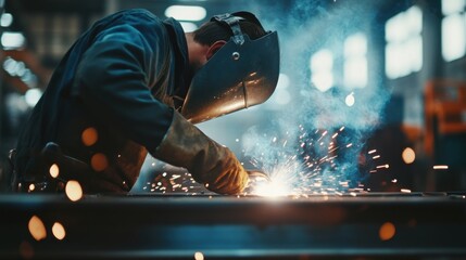 Welder repairing a metal gate at a factory site. Featuring sparks and precision