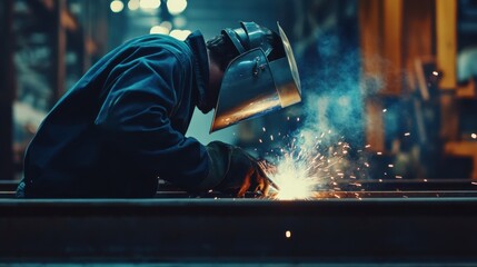 Welder securing a steel joint in a structural framework. Featuring sparks and precision
