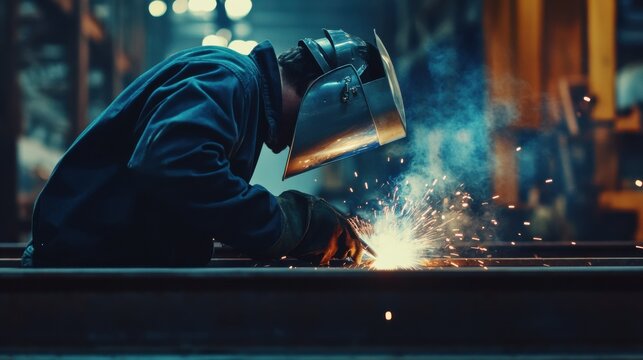 Welder securing a steel joint in a structural framework. Featuring sparks and precision