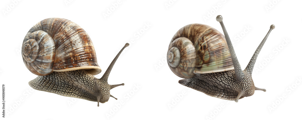 Poster animated snails showing different expressions and views of their spiral shells