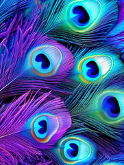 Obraz premium Vivid peacock feathers display striking colors and intricate patterns, combining shades of blue, green, and purple. This background captivates with its unique design and natural beauty Generative AI