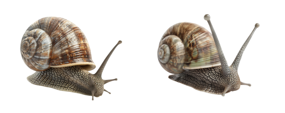 Animated snails showing different expressions and views of their spiral shells