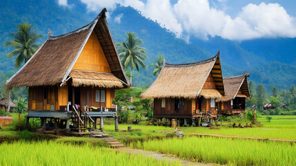 Obraz premium Scenic Rural Landscape with Traditional Houses and Lush Green Fields Against Mountain Backdrop Under Bright Blue Sky with White Clouds