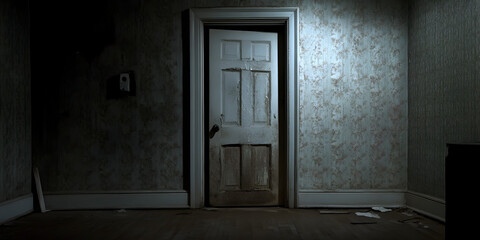 A decaying, forgotten mansion with a cracked, broken door leading into an unknown, dark space.

