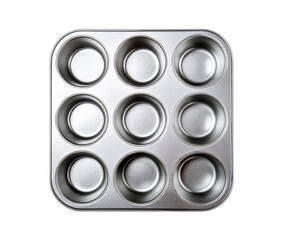 Versatile baking tray for muffins and cupcakes in metallic finish on a transparent background, cut out
