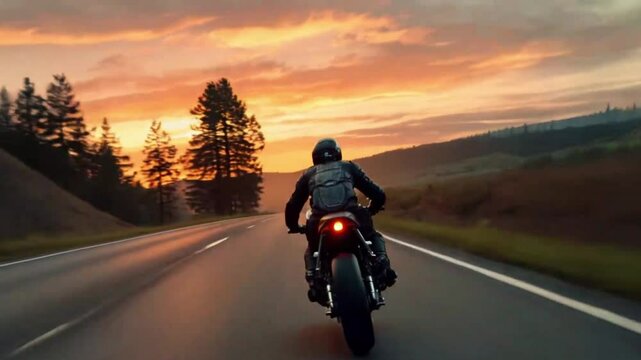 Motorcyclist Riding Into the Sunset on an Open Highway Through Scenic Forested Hills with Dramatic Sky Colors