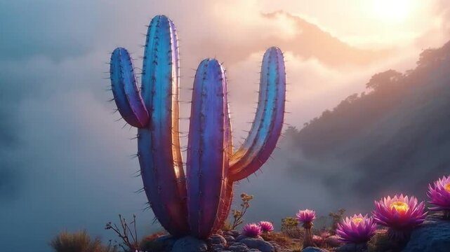 Surreal Desert Landscape at Sunrise with Vibrant Purple Cactus and Exotic Flowers on a Misty Mountain Slope