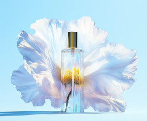 A clear perfume bottle stands in front of a large, beautiful flower, creating a serene atmosphere. The floral backdrop adds vibrant colors, enhancing the overall aesthetic of the setting Generative AI