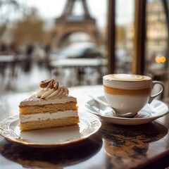 Enjoying a delightful piece of cake and coffee at a Parisian caf&eacute; with the Eiffel Tower in the background