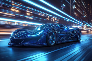 Blue car cruising city streets at night, illuminated by vibrant lights.