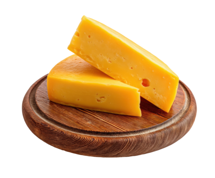 Fresh cheddar cheese on a wooden cutting board for culinary delights on a transparent background, cut out