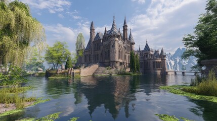 Majestic castle reflects in the calm water on a beautiful day