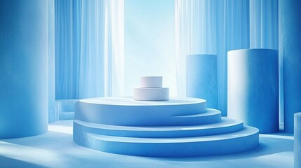 Light-drenched, pastel blue podium display