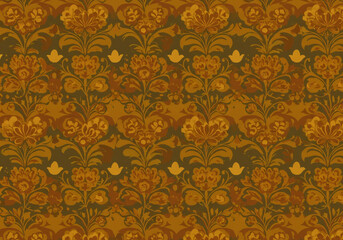 Intricate Gold and Brown Floral Damask Pattern Seamless Wallpaper Texture