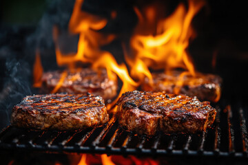 Steaks sizzling on the grill, flames licking the meat, creating a mouthwatering charred crust. A perfect day for a BBQ feast.