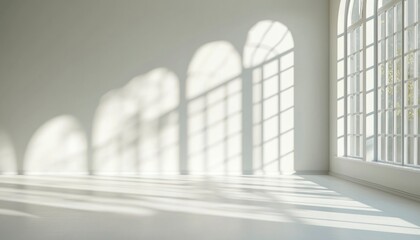 Fototapeta premium Sunlight casts shadows on a bright, empty room
