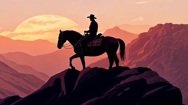 Cowboy Riding Horse Silhouette at Sunset in Desert Landscape with Camel and Barn Vector Illustration