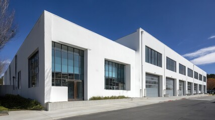 White commercial building with large windows and garage doors, clear blue sky.