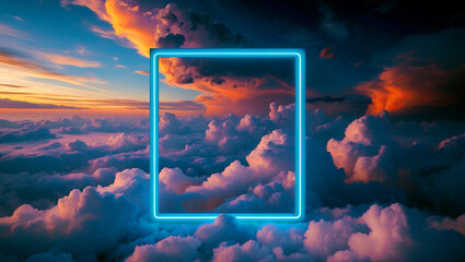 Glowing blue neon frame in surreal cloudscape