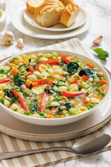 Vegetarian Minestrone with in white bowl, top view