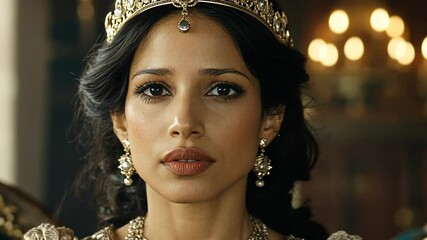 Portrait of a regal woman adorned in intricate jewelry at a royal event in a luxurious palace setting
