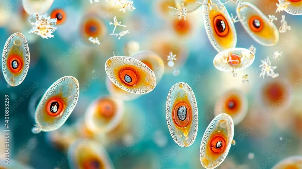 Aufkleber microscopic view of vibrant cells in a fluid environment showcasing intricate structures and vibrant