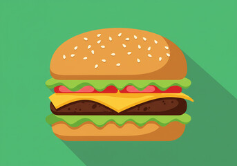 Juicy Cheeseburger with Lettuce and Tomato on Green Background
