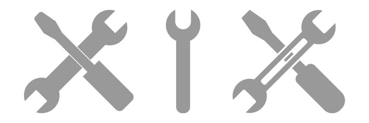 Wrench and screwdriver icon in outline and silhouette style vector illustration on white background. Repair and service icon.