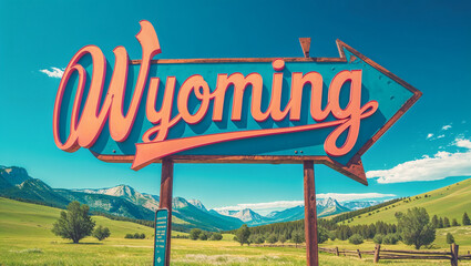 Sign with the inscription Welcome to  Wyoming against the background of a summer landscape
